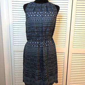 LOFT Blue and Black Midi Scalloped Hem Dress Geometric Pattern Size 4 Tie Waist